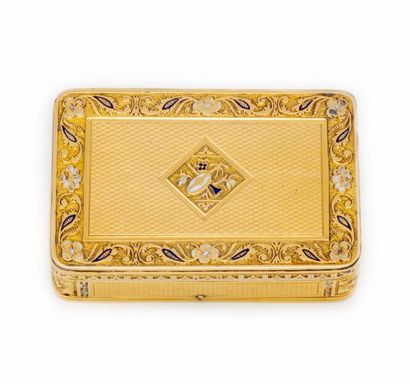 null Rectangular-shaped pill box in yellow gold and polychrome enamels. The lid with...