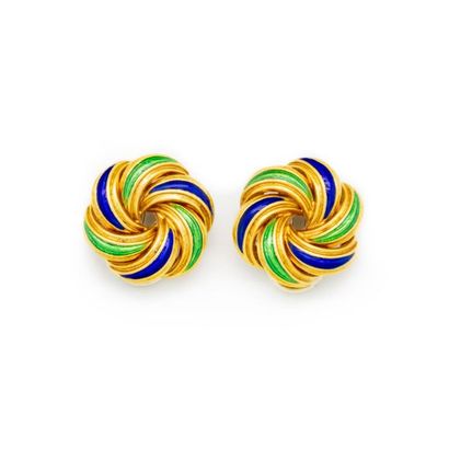 null Pair of ear clips in yellow gold with pelottes pattern enhanced with blue and...