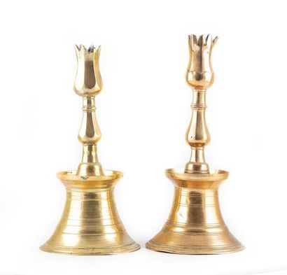 TURQUIE TURKEY
Pair of large gilded brass candleholders with tulip-shaped tap on...