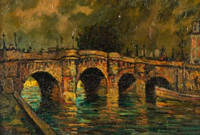 Pierre DUMONT Pierre DUMONT (1884-1936)
Le pont neuf
Oil on canvas signed lower left.
Cracks...