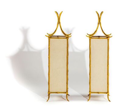 BAGUES Attributed to the house BAGUES
Pair of lantern-shaped table lamps of square...