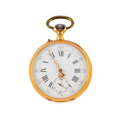 null Pocket watch in yellow gold, enamelled dial with Roman numerals
Late 19th century
Gross...