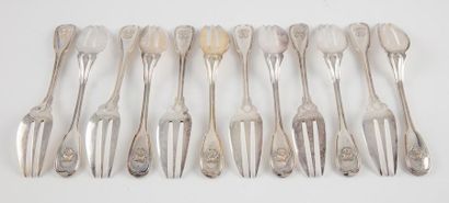 null Set of twelve silver cake forks with moulded rim. Numbered
M.O: M. R (?) unidentified...