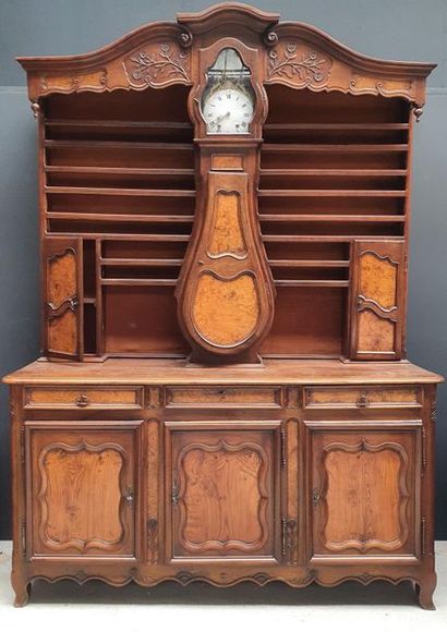 null Cherry and burr elm china cabinet molded and carved with flowers. Recessed upper...