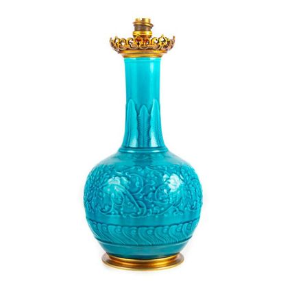 Théodore DECK Théodore DECK (1823-1891)
Long necked bottle-shaped lamp in blue enamelled...