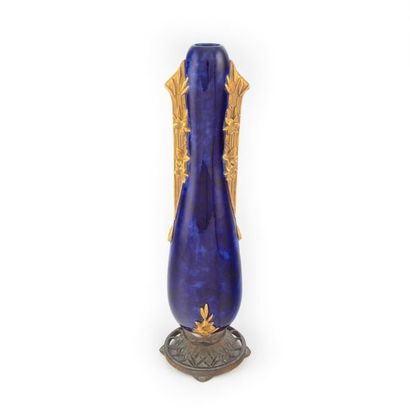 null Porcelain vase enamelled blue lapis enamel with long neck with golden flowers...