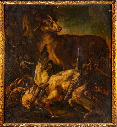 ECOLE FRANCAISE FRENCH SCHOOL 18th century
Hunting dog and trophies
Oil on canvas
72...