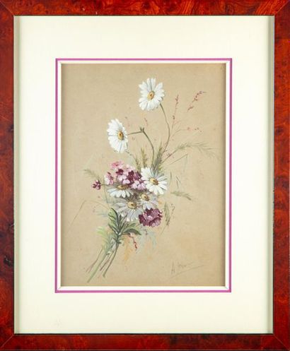null A. ALBAN - XXe
Bouquet champêtre
Gouache et aquarelle sur carton
26 x 19,5 cm...