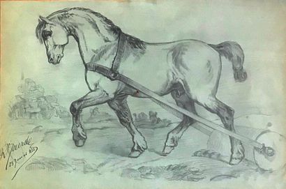 null R. MOURDE, fin XIXe
Portrait de cheval à l'entrainement
Dessin au crayon
Signé...