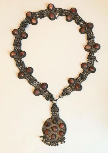 null AFGHANISTAN
Old silver or metal necklace or belt punctuated with hard stone...