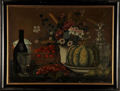 null FOREIGN SCHOOL - 19th century 
Still life with fruit basket and flower vase
Oil...