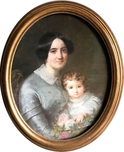 null ÉCOLE FRANCAISE du milieu du XIXe siècle
Mère et enfant 
Pastel à vue ovale
76...