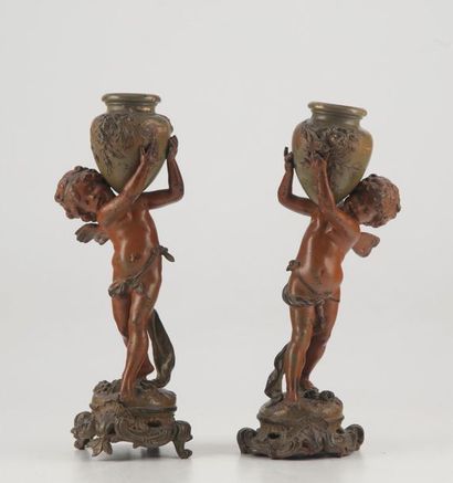 MOREAU Auguste MOREAU (1834 - 1917)
Pair of candlesticks in painted ruler representing...