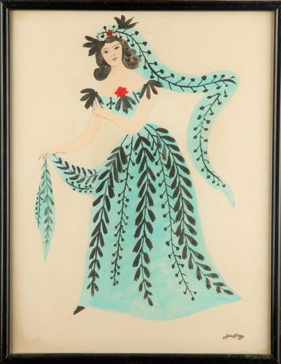null Jean HUGO (1894-1984) 
Blue dress design 
Gouache
Signed lower right
32 x 25...