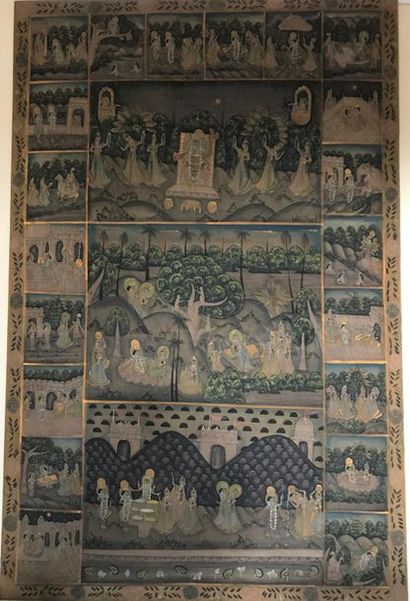 null INDIA 
Hanging in painted fabric of animated scenes.
184 x 121 cm
Stretched...