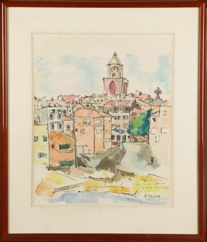 null A. POLONY - XXth
Saint Tropez
Ink and watercolour
Signed and dedicated lower...