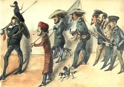 null ECOLE FRANCAISE ou ANGLAISE du milieu du XIXe siècle
La parade - caricature
Aquarelle	encadrée
21...