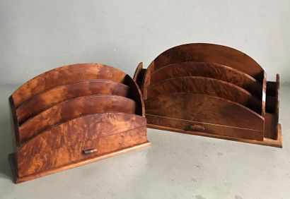 null Two burr wood letter trays with small drawer. Circa 1930