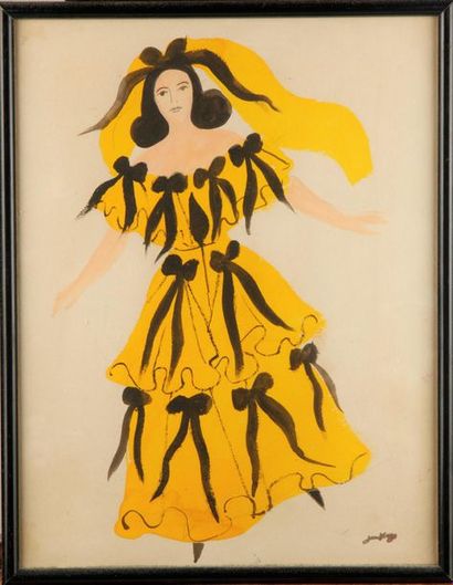 null Jean HUGO (1894-1984)
Yellow dress design 
Gouache
Signed lower right
32 x 25...