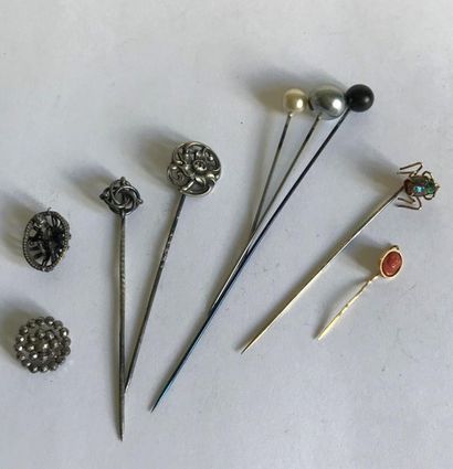 Set of metal hat and tie pins, fancy pearls...