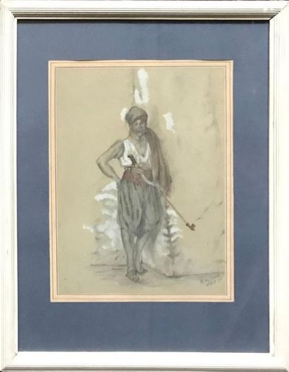 null H. des ESSARTS - XIXth century
Arab with pipe chibouk
Watercoloured pencil drawing...