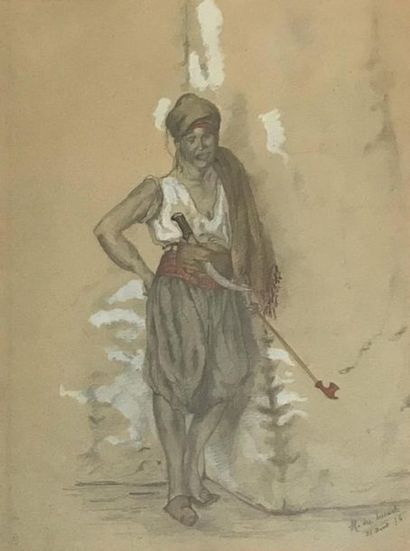 null H. des ESSARTS - XIXe siècle
Arabe à la pipe chibouk
Dessin au crayon aquarellé...
