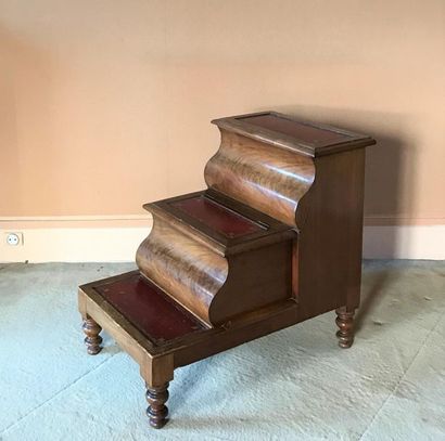 null Veneer wood bed steps with two leather-wrapped steps opening to a trunk. Turned...