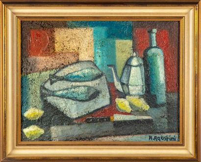 null Hubert AGOSTINI (born in 1935)
Cubist still life with fishes
Oil on panel 
Signed...