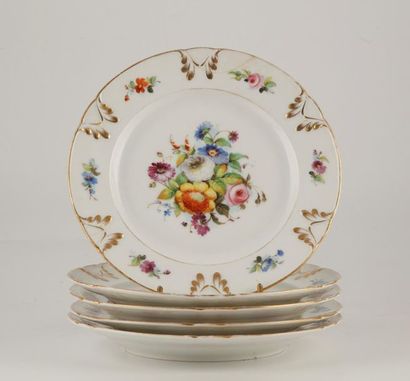 null PARIS 
Five dessert plates with polychrome and golden decoration of flowers...