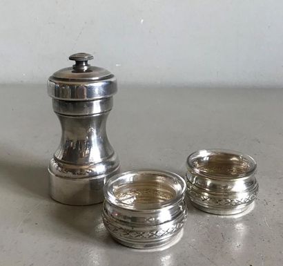 null Pair of glass lined silver plated metal saltcellars and a silver plated metal...