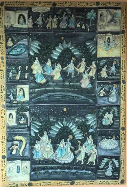 null INDIA 
Hanging in painted fabric of animated scenes.
163 x 112 cm
Stretched...