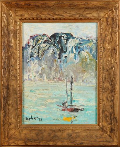 null SCHOOL XXth
Sailboat
Oil on canvas 
Signed and dated lower left (illegible)
35...