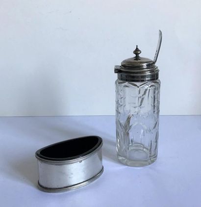 null Set consisting of a crystal mustard pot with silver metal frame and spoon and...