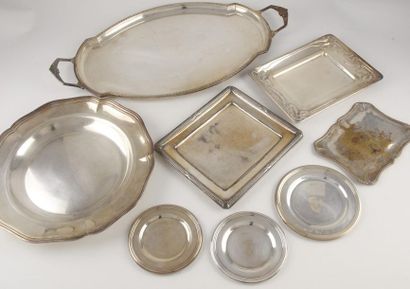 null Set of: small trays - coasters - dish with fretted rim - silver metal serving...