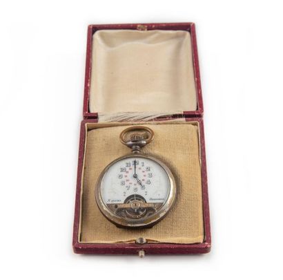 null Metal pocket watch, visible mechanism, 8 days, enamelled dial