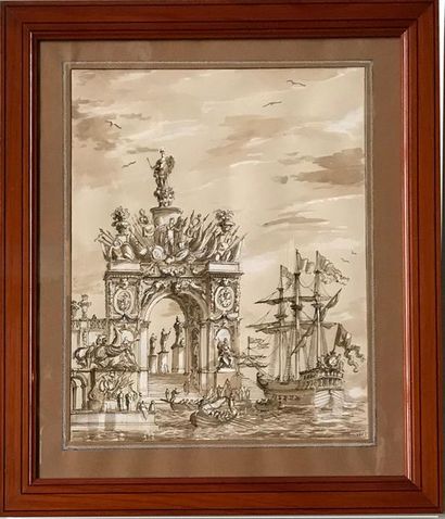 COLLET B. COLLET - XXth
Imaginary triumphal arch
Brown wash drawing
Signed lower...