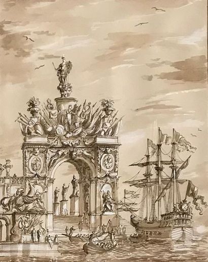COLLET B. COLLET - XXth
Imaginary triumphal arch
Brown wash drawing
Signed lower...