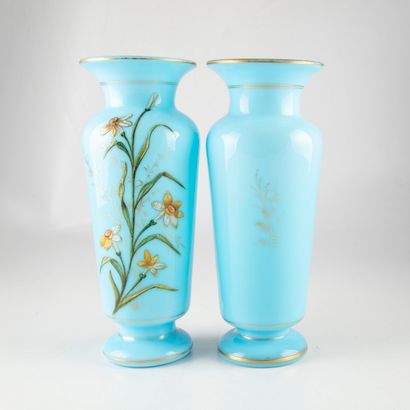 null Paire de vases en opaline bleue turquoise à décor d'iris et filet doré 

H....