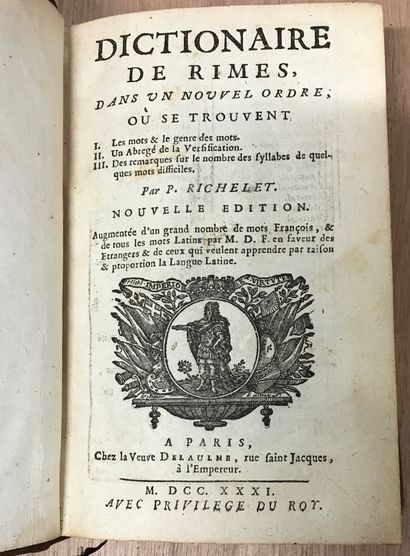 null P. RICHELET, Dictionnaire des Rimes, dans un nouvel ordre .. .édité chez la...