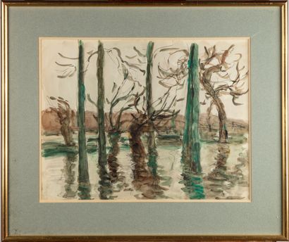 BORDES Léonard BORDES (1898-1969) 
La Seine en crue 
Aquarelle, signée en bas à gauche...