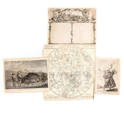  Ensemble de 4 gravures en noir et blanc sur le theme du voyage avec une planisphère...