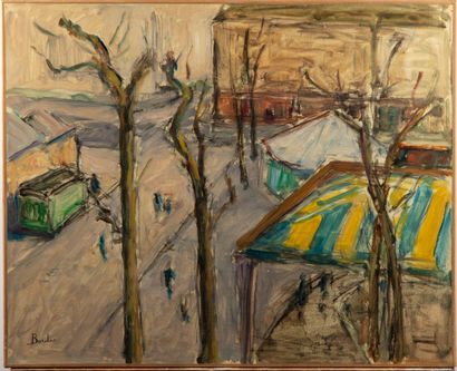 BORDES Léonard BORDES (1898 -1969) 
Paysage hivernal à Rouen Huile sur papier marouflée...