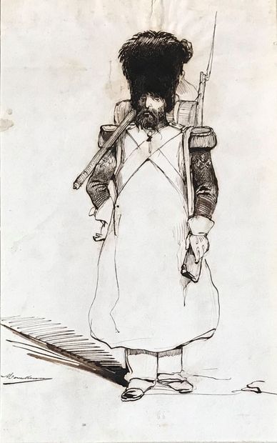 BOUILLERON Adolphe BOUILLERON ( 1820 - 1881) 
Grenadier de l'Empire 
Dessin à l'encre...