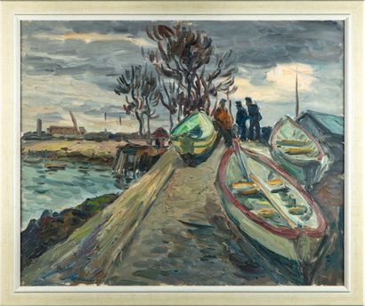 BORDES Léonard BORDES (1898-1969) 
Le port 
Huile sur toile, signée en bas à droite...