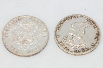 null Lot of two coins including: 

- 1 coin of 3 Mark Wilhelm II, 1913 A 

- 1 3-Mark...