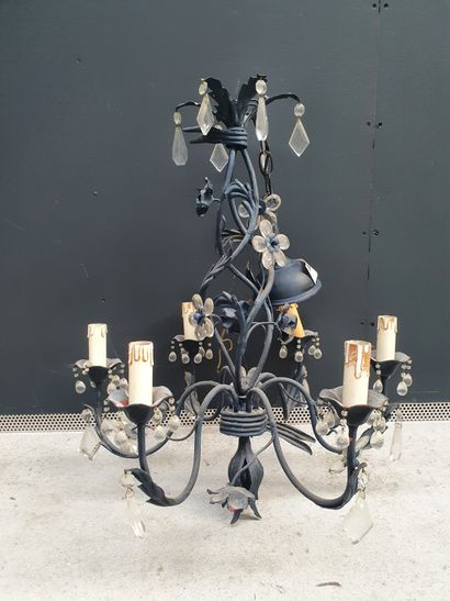null Chandelier with 6 arms of lights in grey sheet metal, decorated with foliage,...