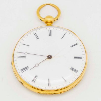 null Yellow gold pocket watch, enamelled dial (cracked), Roman numerals, back decorated...