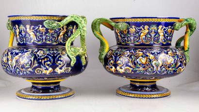 GIEN GIEN

Pair of large enamelled earthenware vases decorated on a blue background...