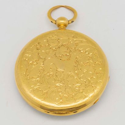 null Yellow gold pocket watch, enamelled dial (cracked), Roman numerals, back decorated...