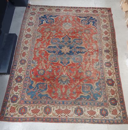 null Large carpet with triple borders and central medallion on blue background. 

H....